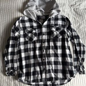 Hurley Women’s Hooded Flannel Shirt – Black & White Plaid – Size XL